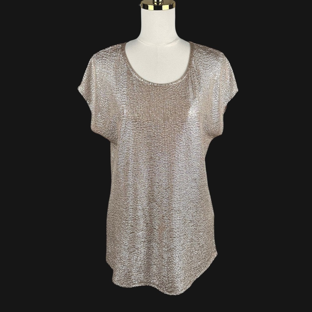 Chico's Metallic Gold Textured Short Sleeve Blouse Size 1 Medium Party Top